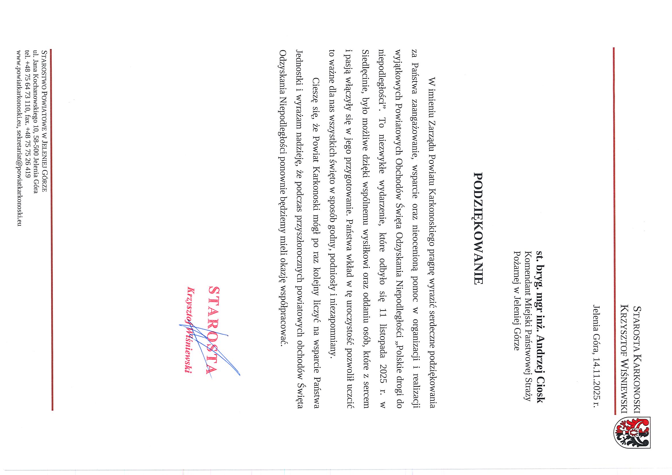 Podziękowanie od Starosty Karkonoskiego