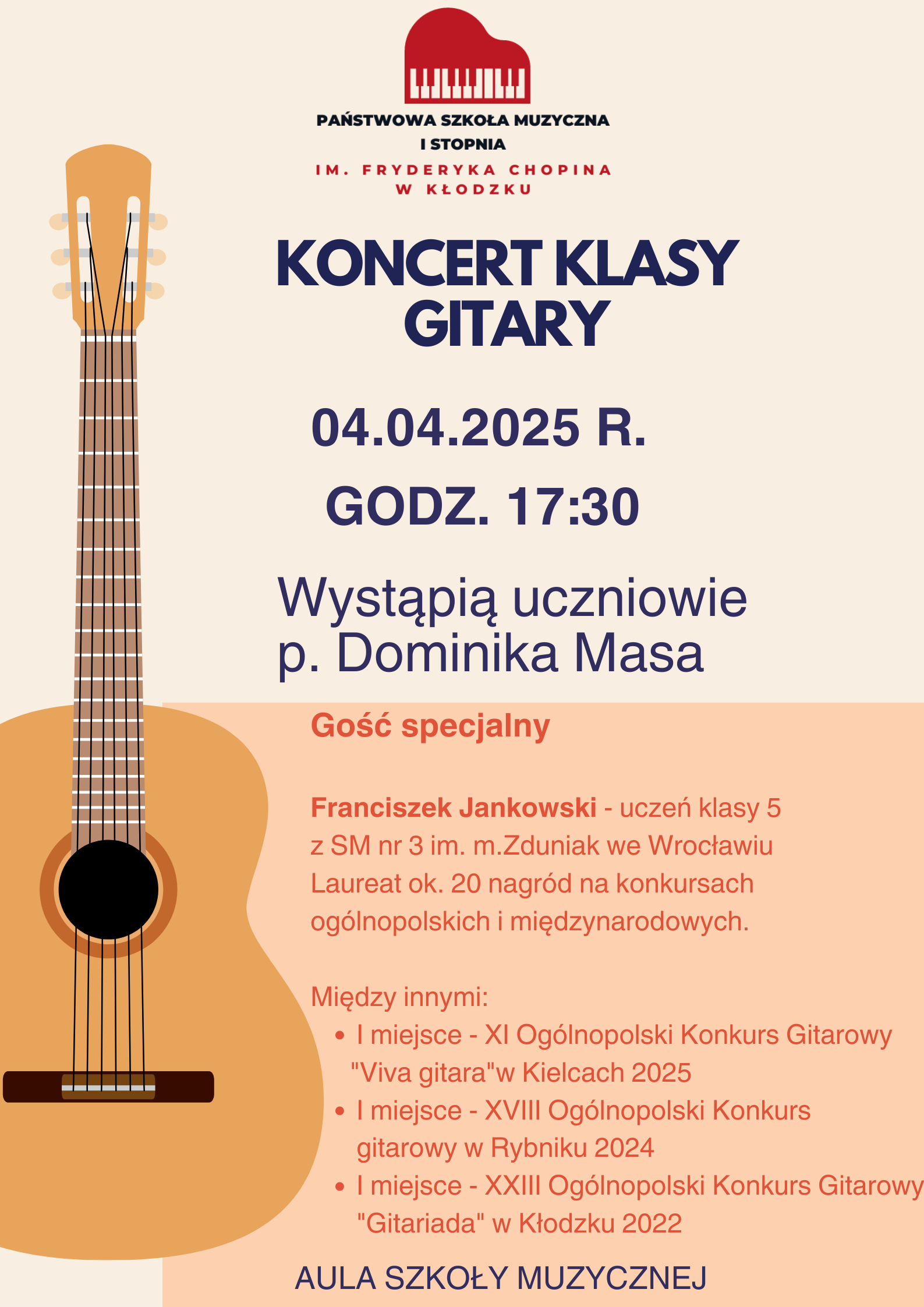 Plakat na jasnym tle z grafiką gitary po prawej stronie oraz szczegółową informacją tekstową dotyczącą koncertu klasy gitary, który odbędzie się 04 kwietnia 2025 w auli PSM w Kłodzku.