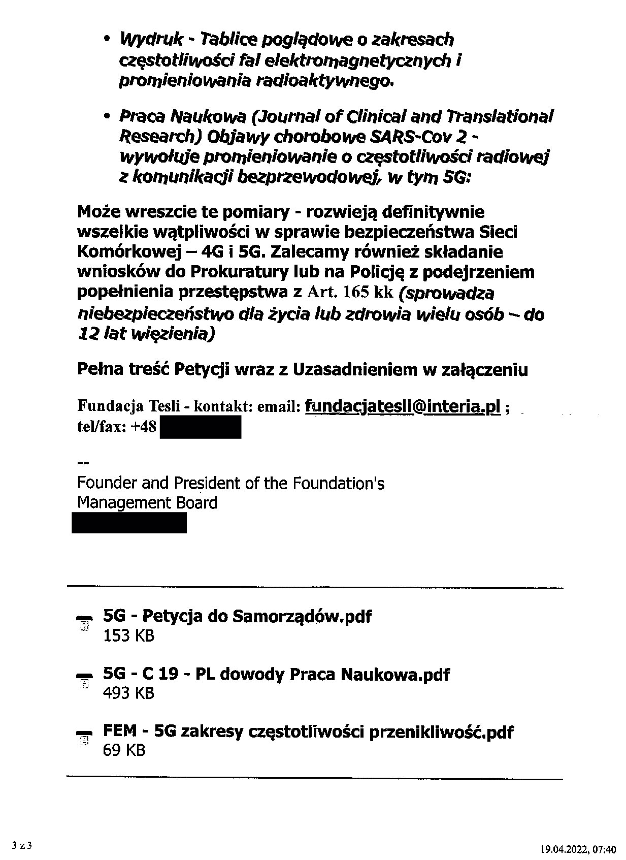 Zrzut ekranu przedstawiający postulaty zawarte w petycji Fundacji im. Nikoli Tesli opisane w tekście.