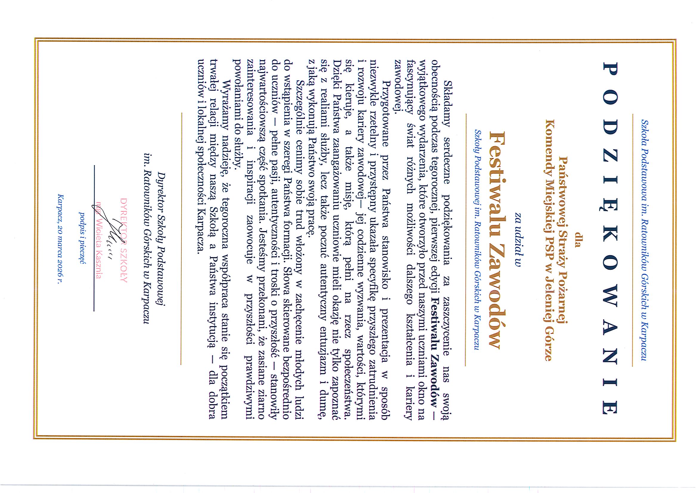 Podziękowania Festiwal Zawodów