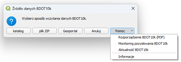 Ilustracja przedstawia zrzut okna wtyczki BDOT10k_GML_SHP w oprogramowaniu QGIS - wybór sposobu wczytania danych BDOT10k