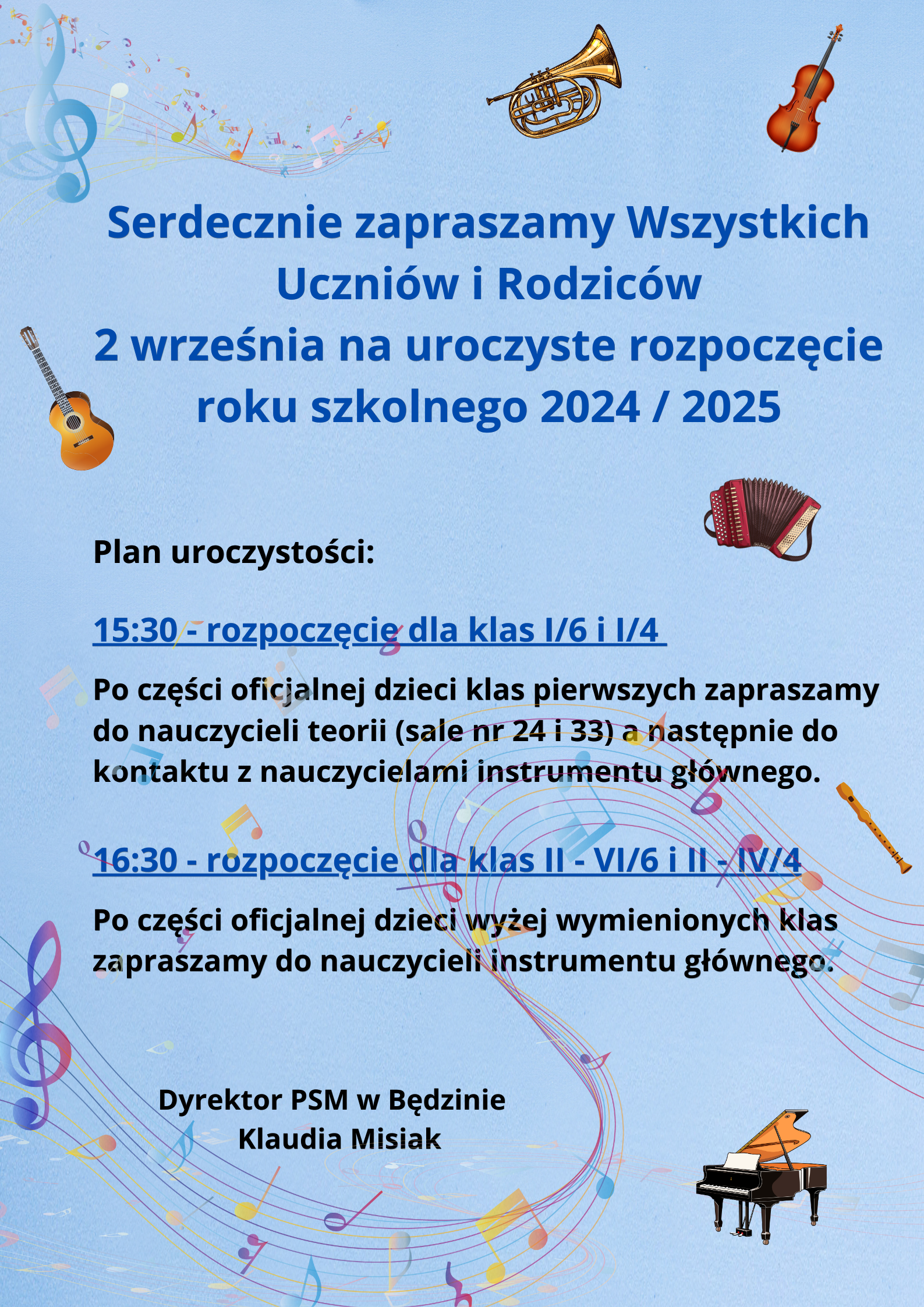 niebieskie tło, niebieskie napisy, w tle ikony instrmentów