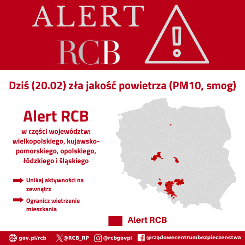 Alert RCB 20 lutego 2025 r. – smog. Kolorem czerwonym zaznaczony jest obszar alarmowania. 