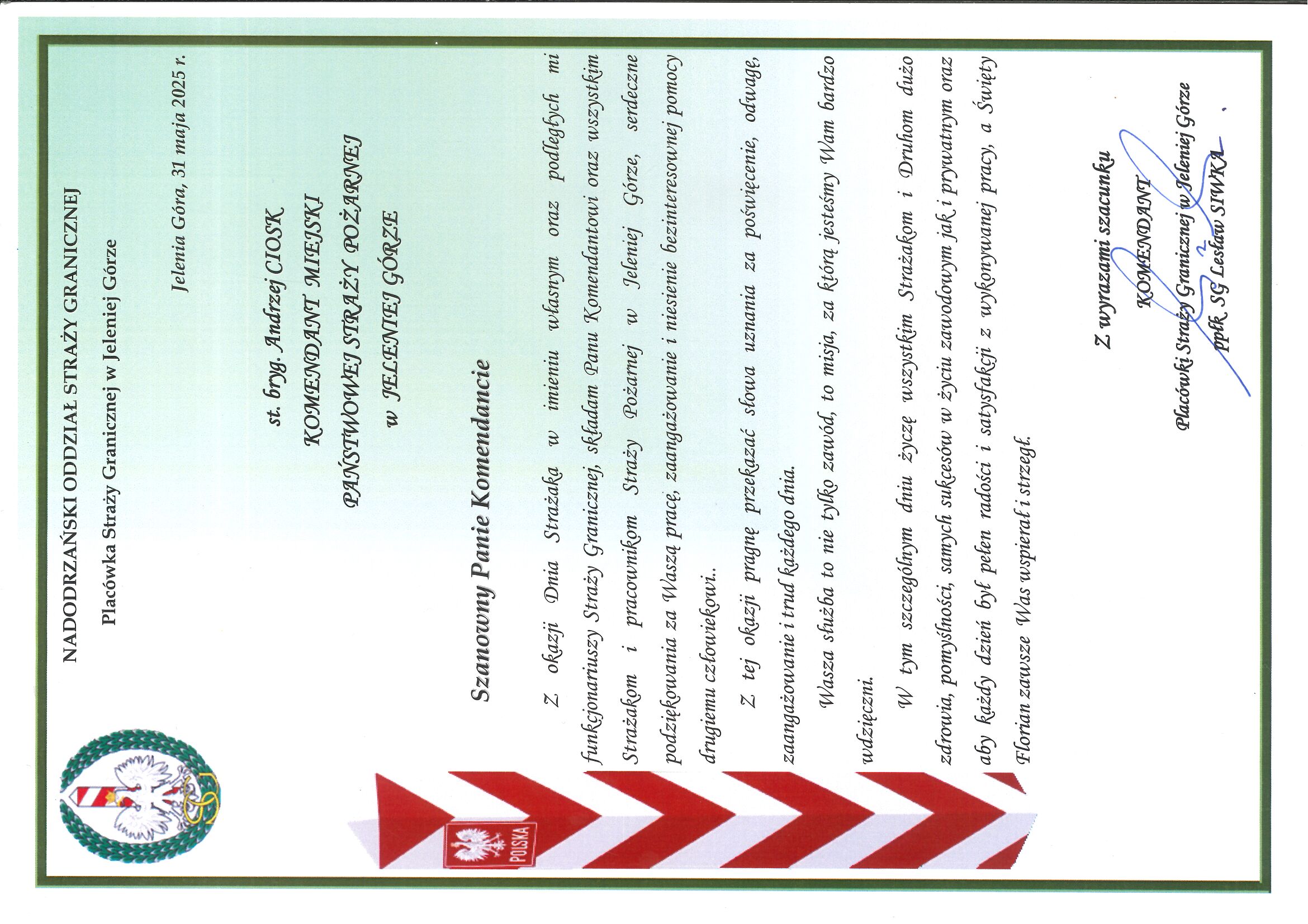 Podziękowania od Nadodrzańskiego Oddziału Straży Granicznej
