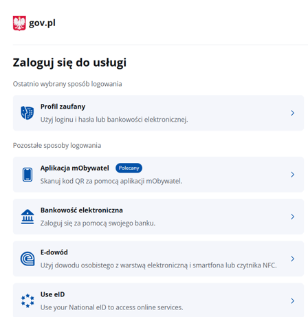 Zrzut ekranu strony login.gov.pl. Na ekranie widoczne kafelki z dostępnymi sposobami logowania: profil zaufany, e-dowód, mObywatel oraz bankowość elektroniczna.