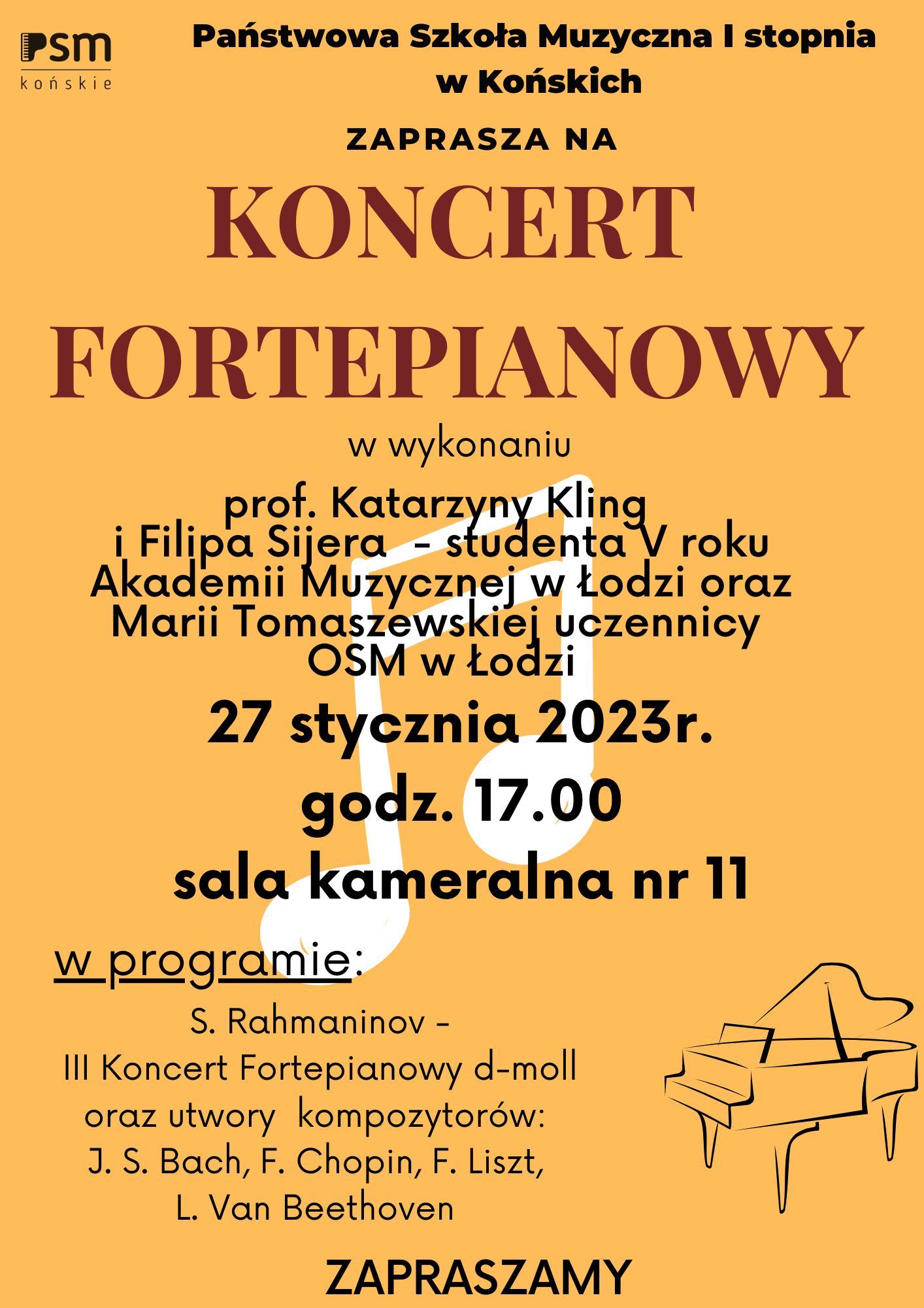 grafika na pomarańczowym tle, czarne litery informujące o koncercie fortepianowym.