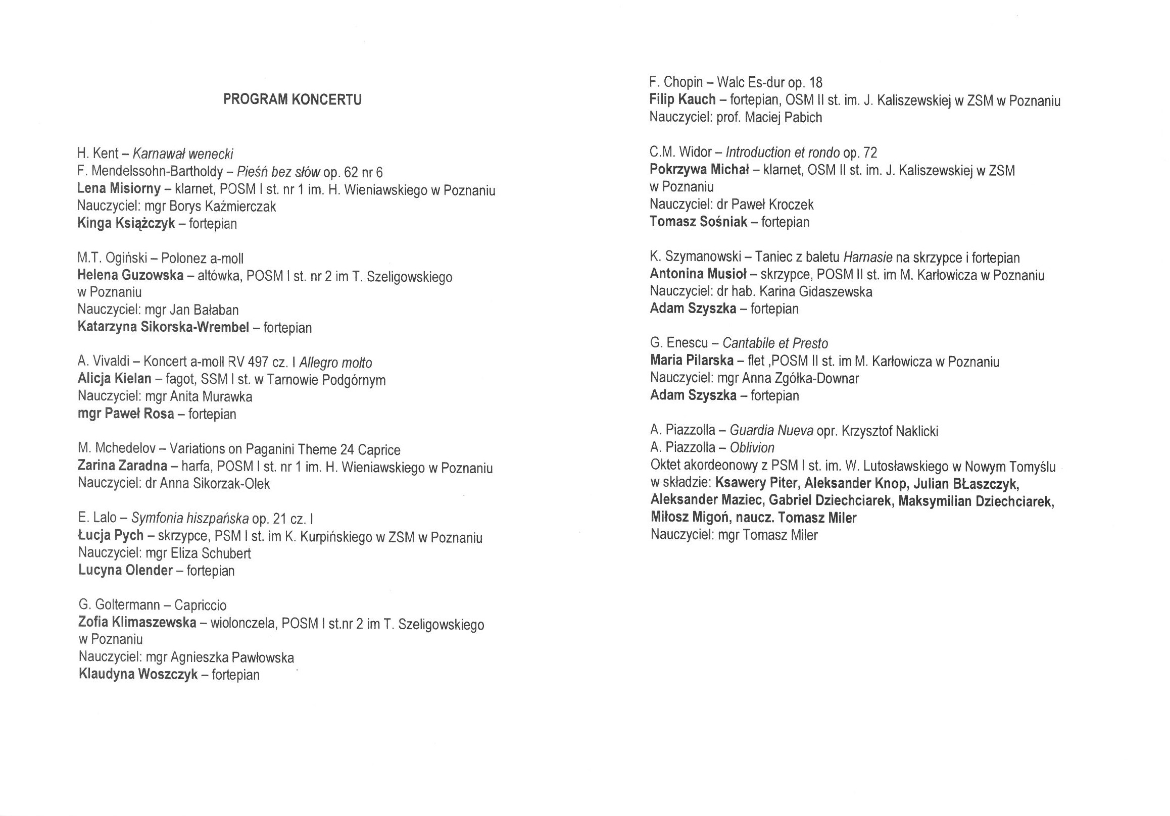 Program koncertu -str, 2 oraz 3
