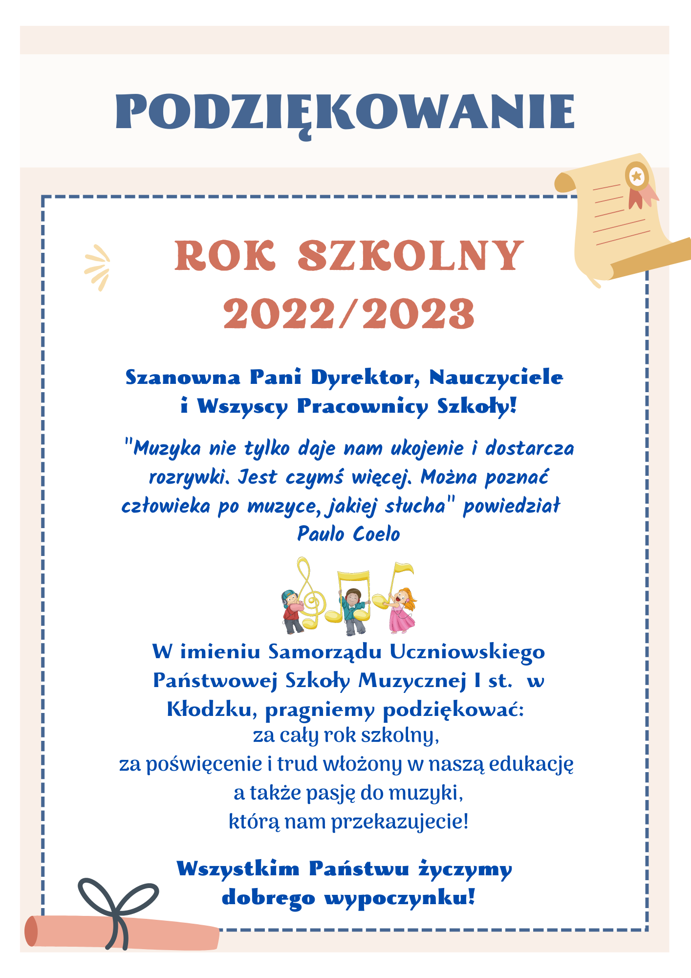 Plakat na białym tle z informacją tekstową dotyczącą podziękowań od Samorządu Uczniowskiego za cały rok szkolny 2022-2023