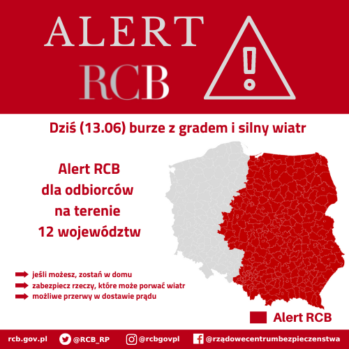 Alert RCB - burze z gradem i silny wiatr - 13.06.22