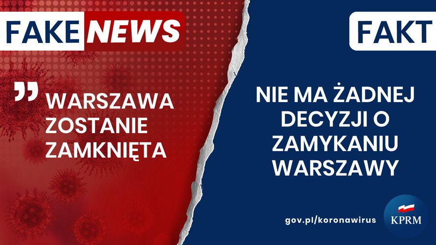 Czy Warszawa zostaje otoczona kordonem sanitarnym?
Nie! Nie ma żadnej decyzji o zamykaniu Warszawy.