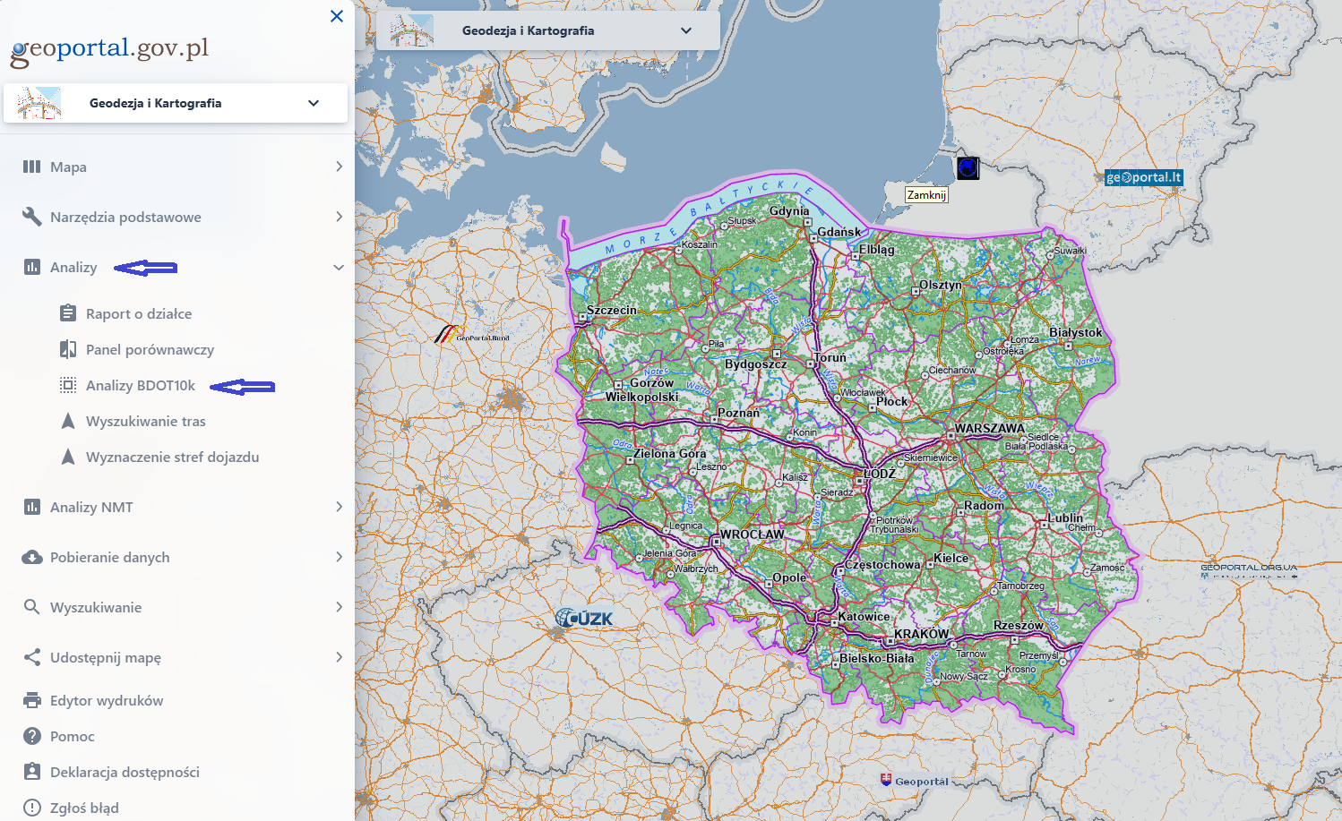 Ilustracja przedstawia funkcję AnalizyBDOT10k, dostępną w Geoportalu.