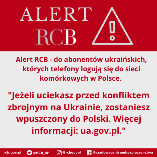 Alert RCB dla uciekających przed konfliktem na Ukrainie.