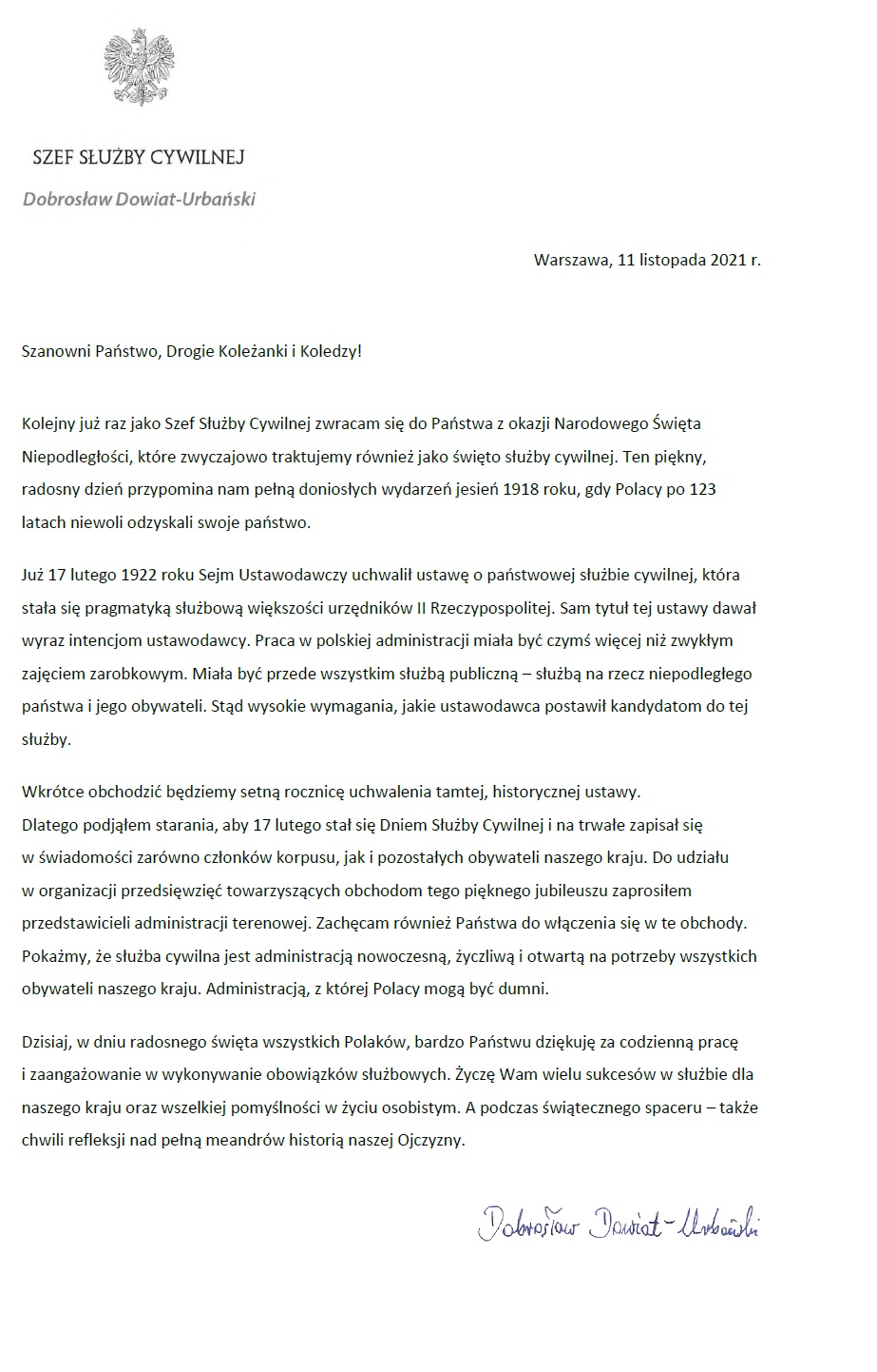 List Szefa Służby Cywilnej do członków korpusu służby cywilnej