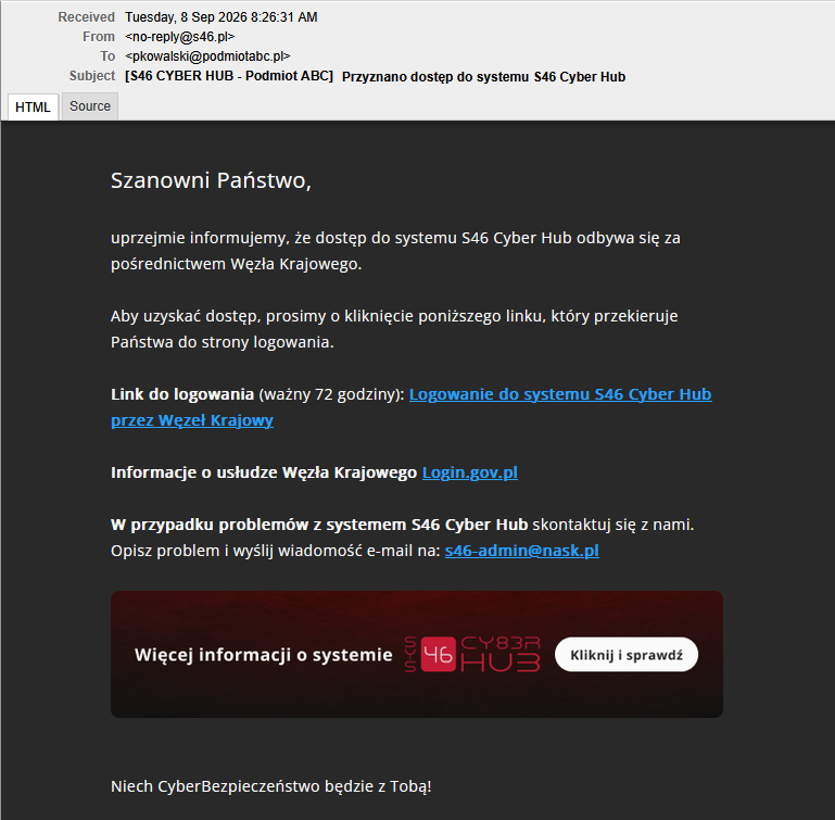 Zrzut ekranu wiadomości e-mail z systemu S46 Cyber Hub informującej o przyznaniu dostępu. W treści wiadomości wyróżniony odnośnik zatytułowany Logowanie do systemu S46 Cyber Hub przez Węzeł Krajowy.