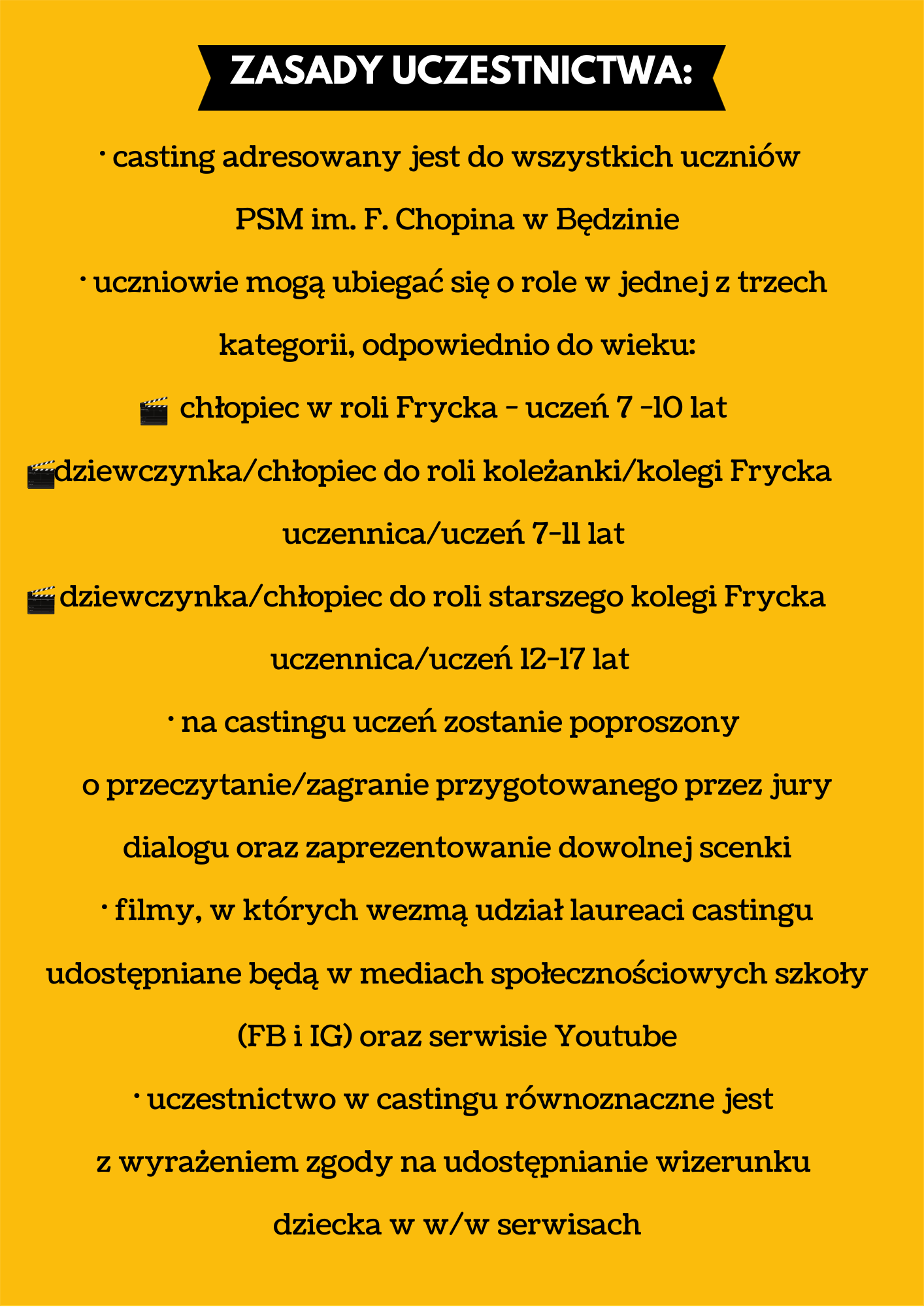 plakat na żółtym tle, na środku opis zasad uczestnictwa