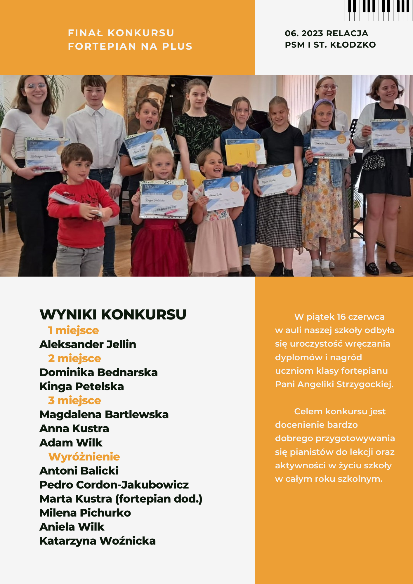 Plakat wraz ze zdjęciem uczestników konkursu fortepian na plus wraz z wynikami konkursu oraz informacją tekstową o konkursie