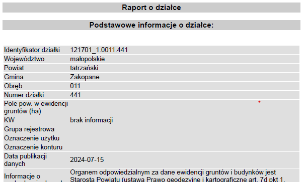 zrzut okna Raport o działce z podstawowymi informacjami o działce