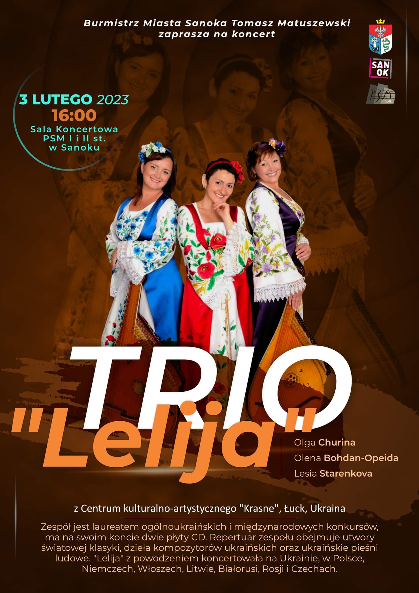 Plakat koncertu Trio Lelija, 3 wokalistki na brązowym tle - Olga Churina, Olena Bohdan-Opeida, Lesia Starenkova, na dole krótki opis osiągnięć zespołu