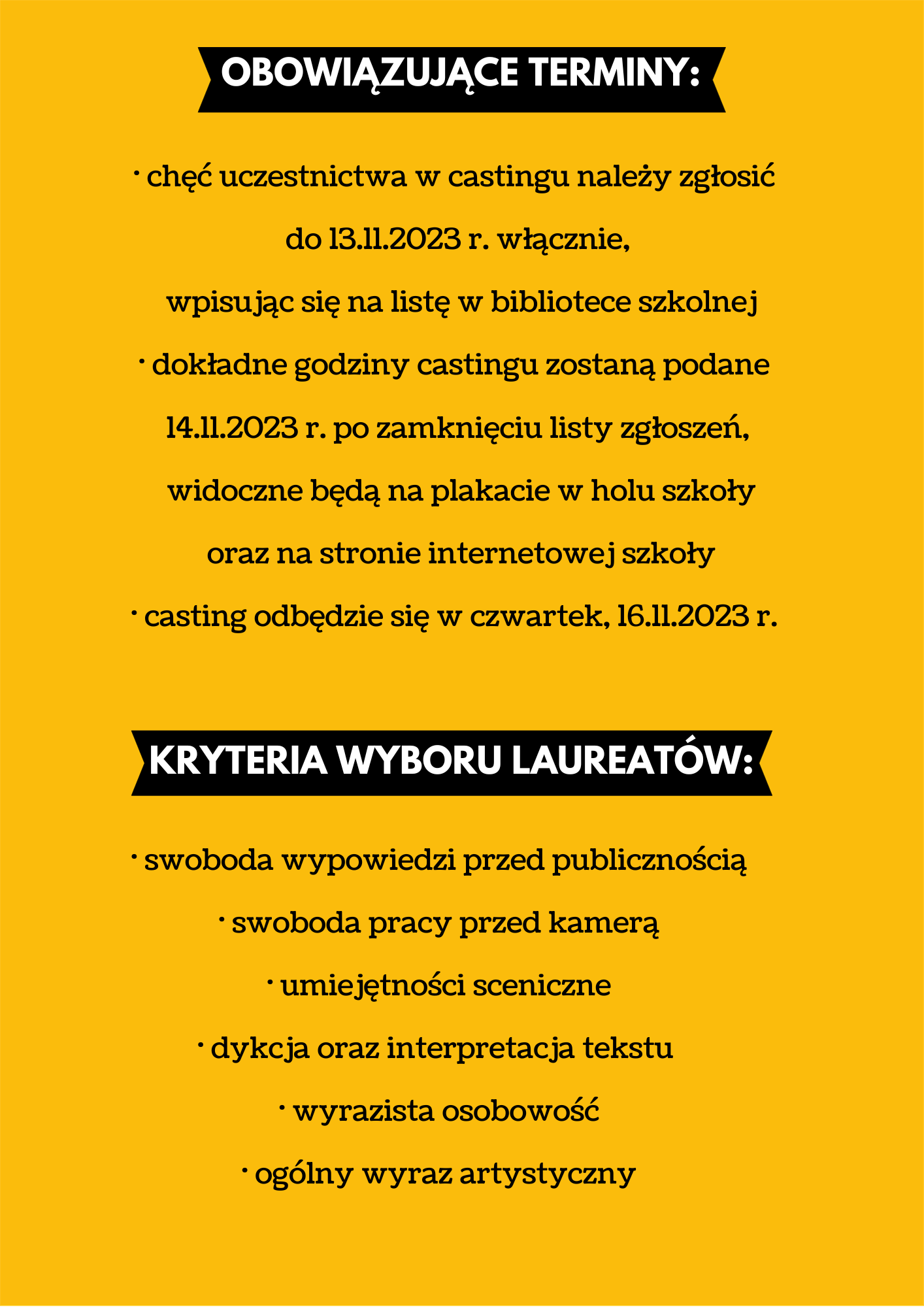 plakat na żółtym tle, na środku opis terminów i kryteriów wyboru laureatów