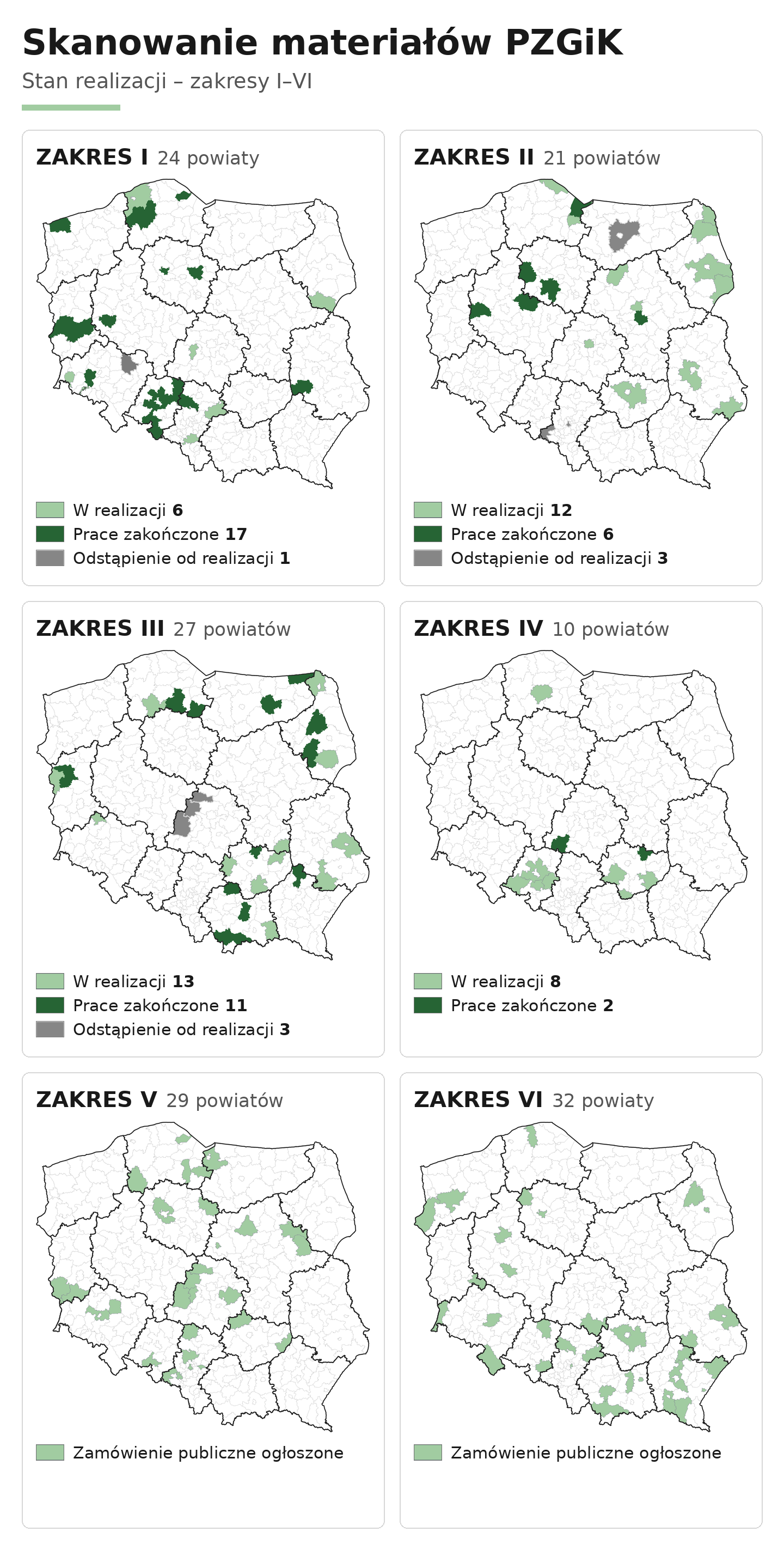 mapa przedstawia stan realizacji prac - skanowanie materiałów PZGiK