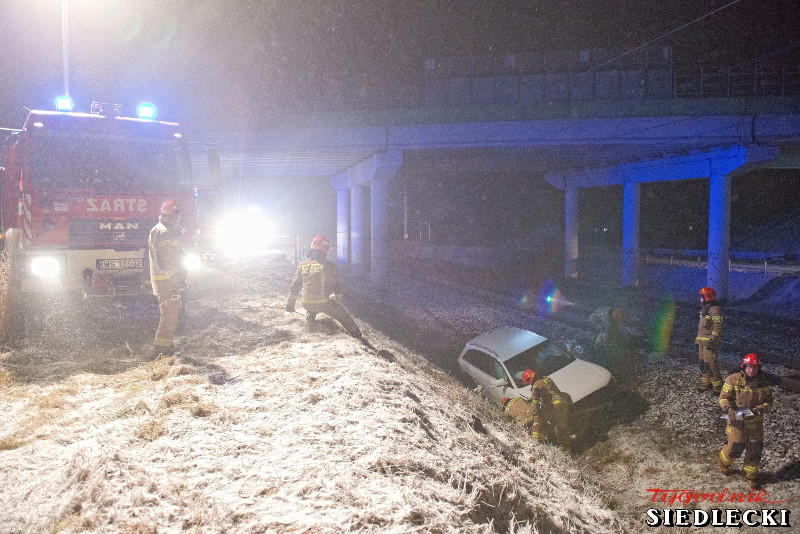 Wypadek samochodu osobowego. Samochód leży na torach, przy nim działają strażacy.