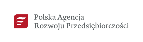 po lewej stronie czerwony kwadrat z dwoma zaokrąglonymi rogami, wewnątrz niego 3 białe fale. Na środku napis Polska Agencja Rozwoju Przedsiębiorczości