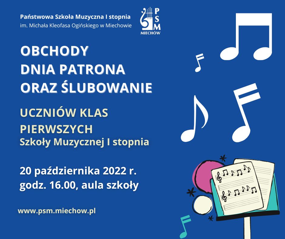 Grafika przedstawia informacje na temat terminu ślubowania klas pierwszych. Tekst oraz grafika jest na niebieskim tle