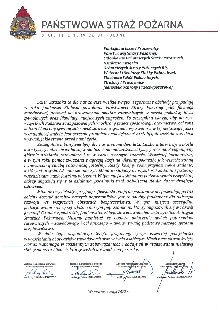List z życzeniami z okazji Dnia Strażaka od Kierownictwa Komendy Głównej Państwowej Straży Pożarnej