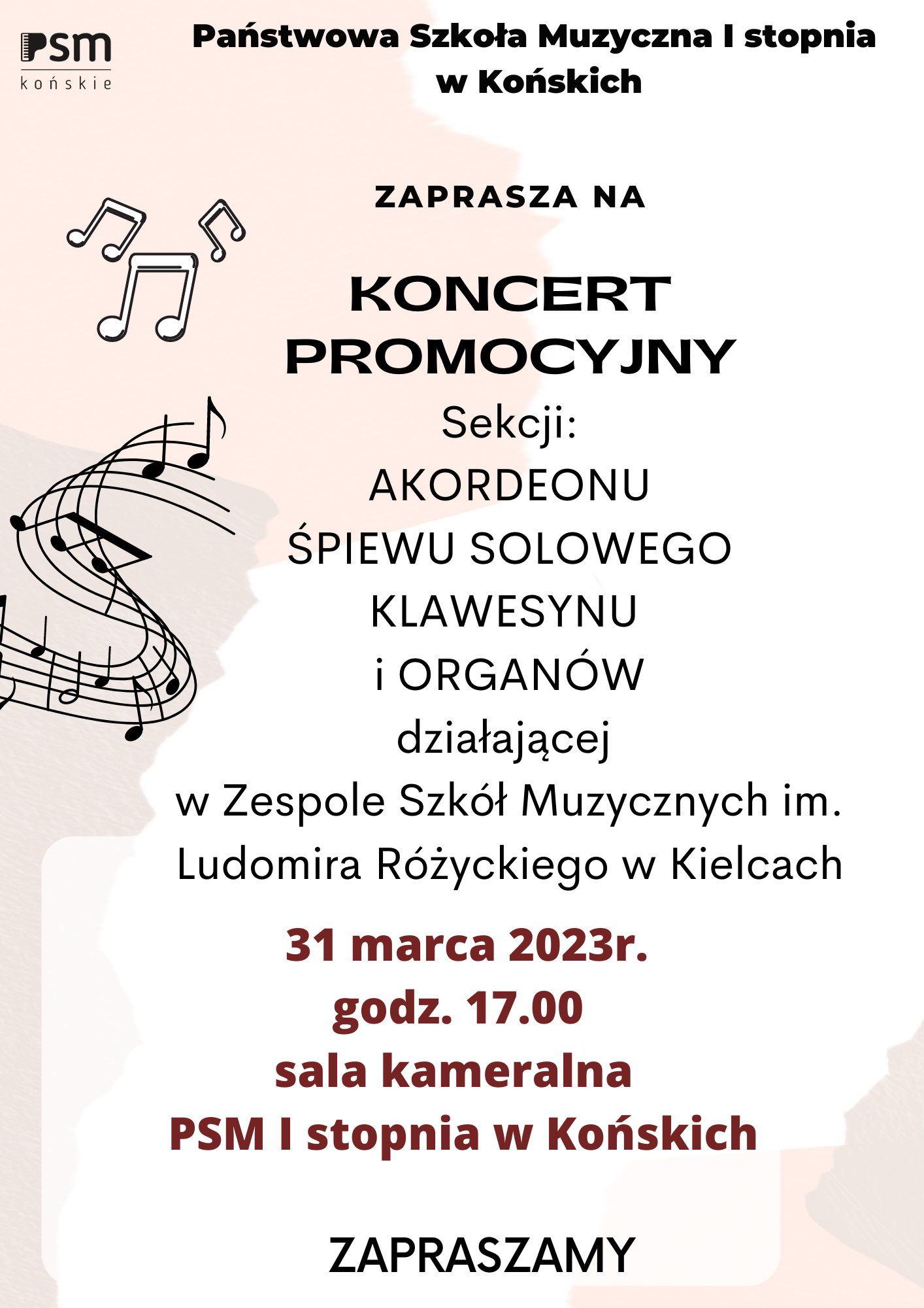 plakta na pastelowym tle. czarne i bordowe litery informujące o koncercie uxzniów ZPSM w Kielcach.