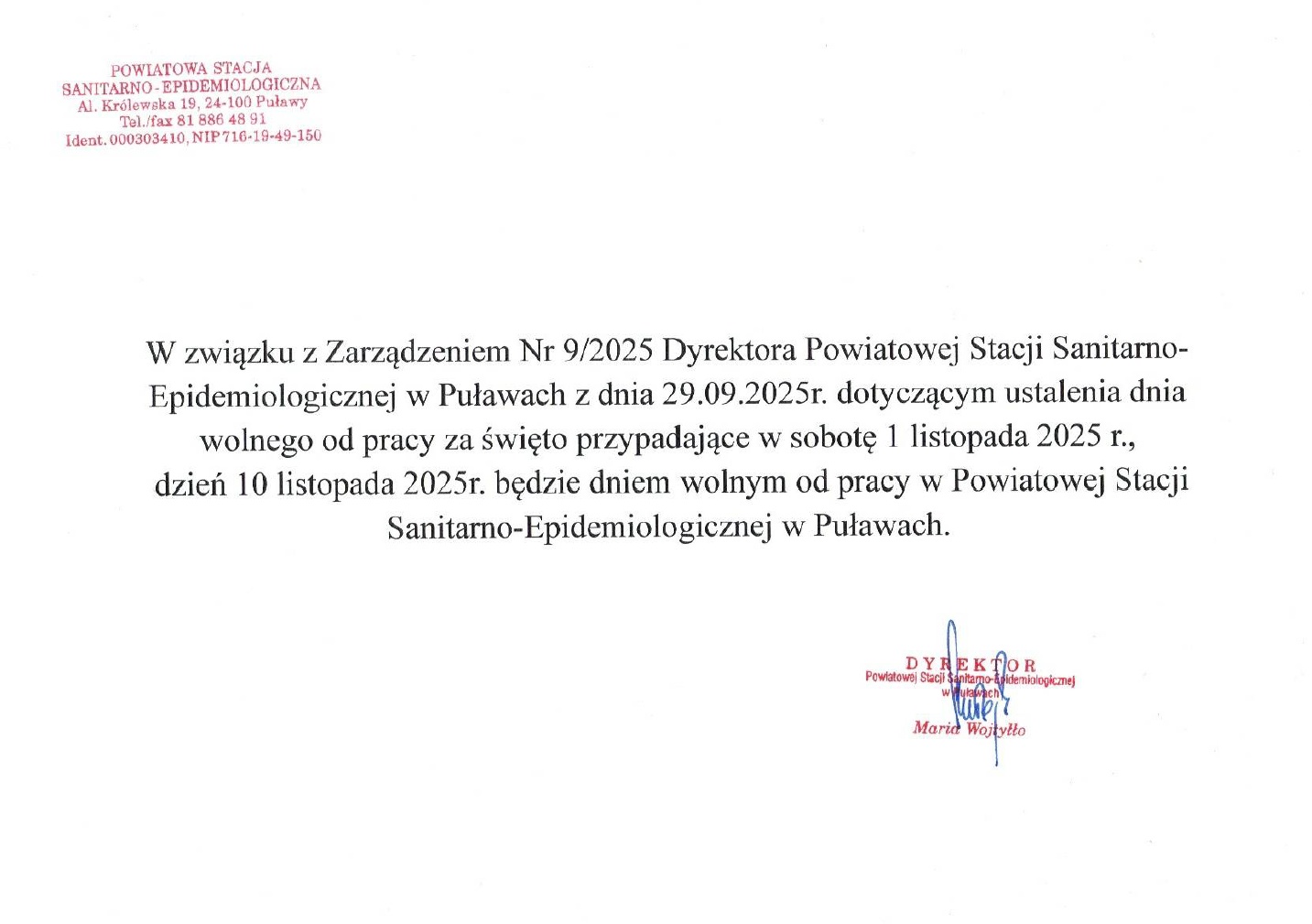 Komunikat Dyrektora PSSE w Puławach