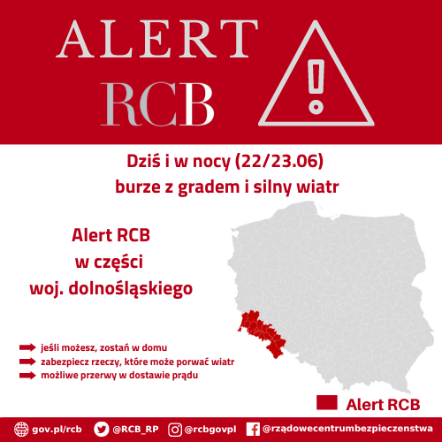 Alert RCB – burze z gradem i silny wiatr, 22/23 czerwca