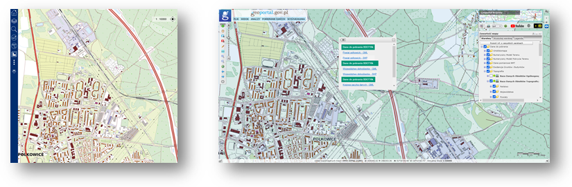 Ilustracja przedstawia zaktualizowany zbiór danych BDOT10k dla powiatu polkowickiego w Portalu BDOT10k oraz w usłudze Baza Danych Obiektów Topograficznych.