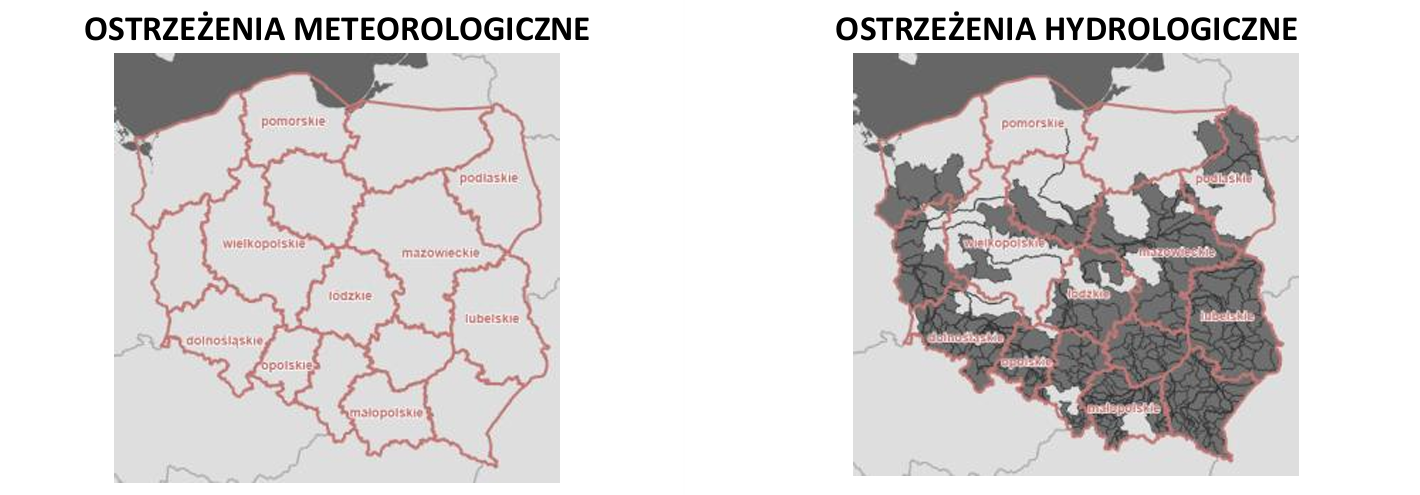 Ostrzeżenia meteorologiczne i hydrologiczne z podziałem na województwa - 15 września 2026. Kolor czerwony dla ostrzeżeń 3 stopnia, pomarańczowy dla 2 stopnia, żółty dla 1 stopnia, szary dla suszy, biały brak ostrzeżeń.