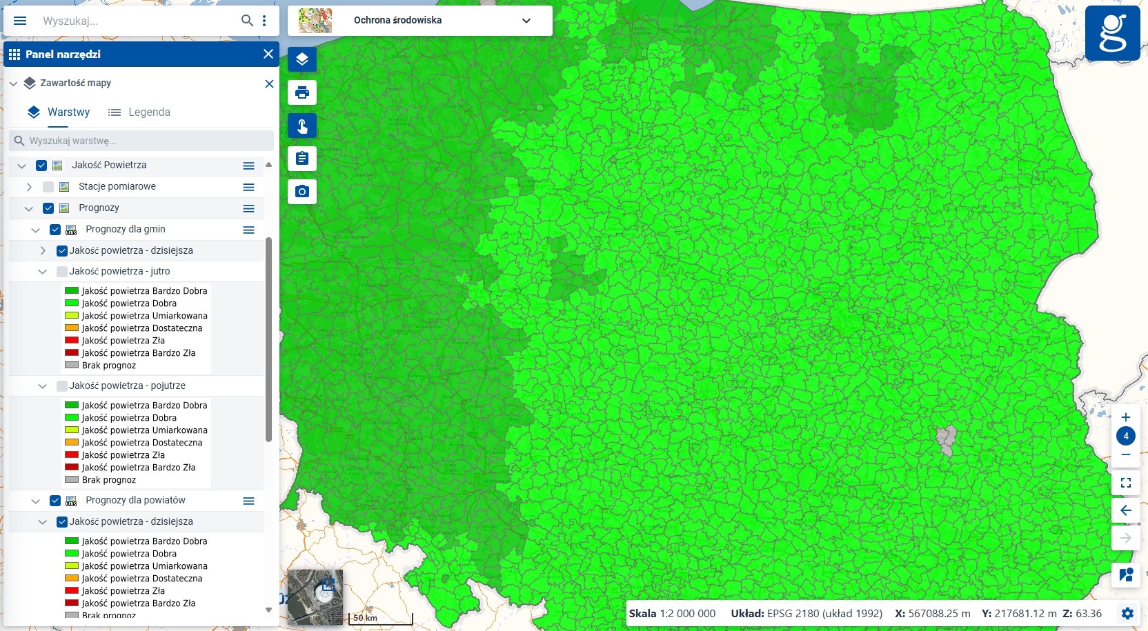 zrzut ekranu z serwisu www.geoportal.gov.pl prezentujący warstwę jakość powietrza na dany dzień z podziałem dla gmin, powiatów