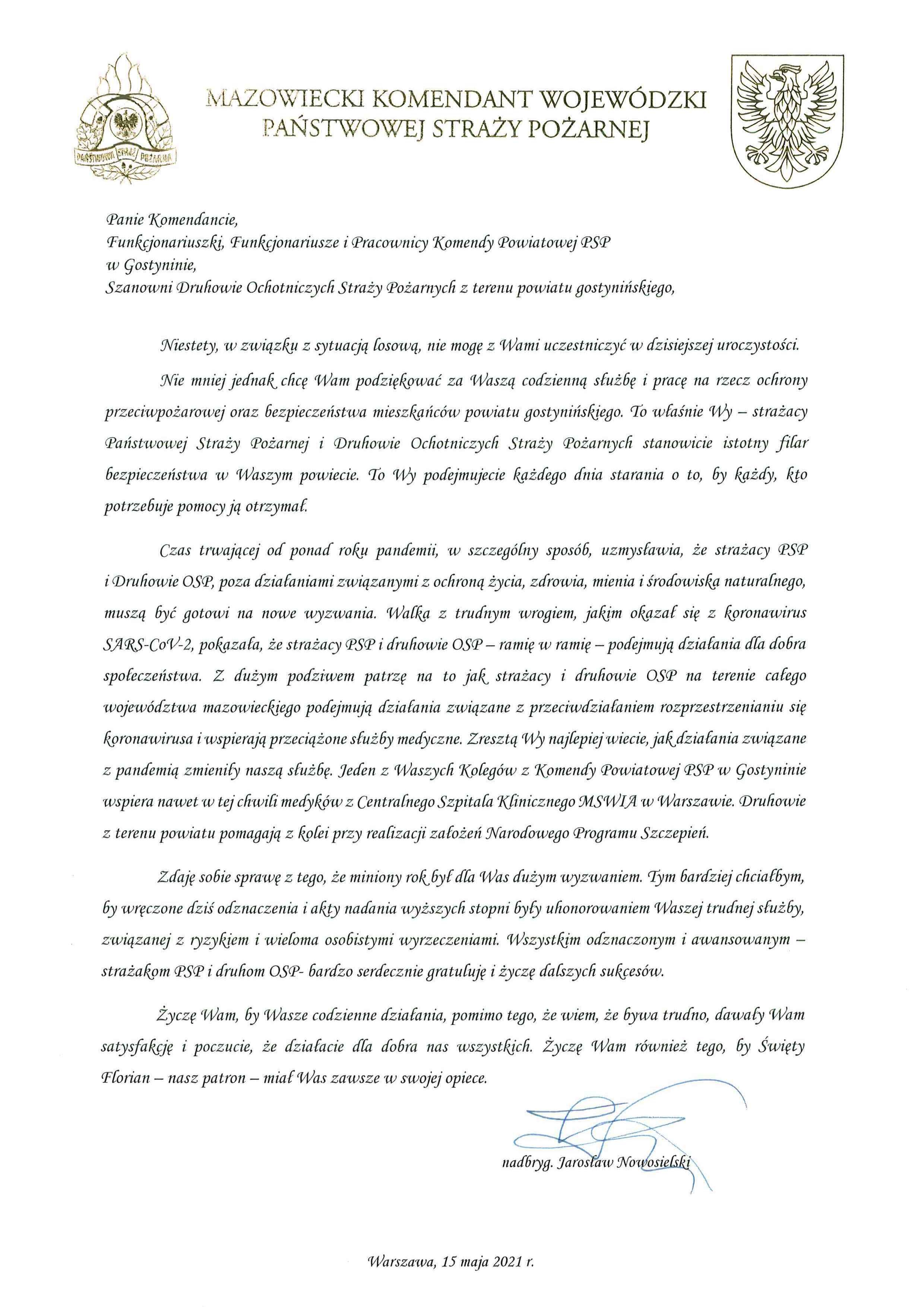 Adres okolicznościowy Mazowieckiego Komendanta Wojewódzkiego
