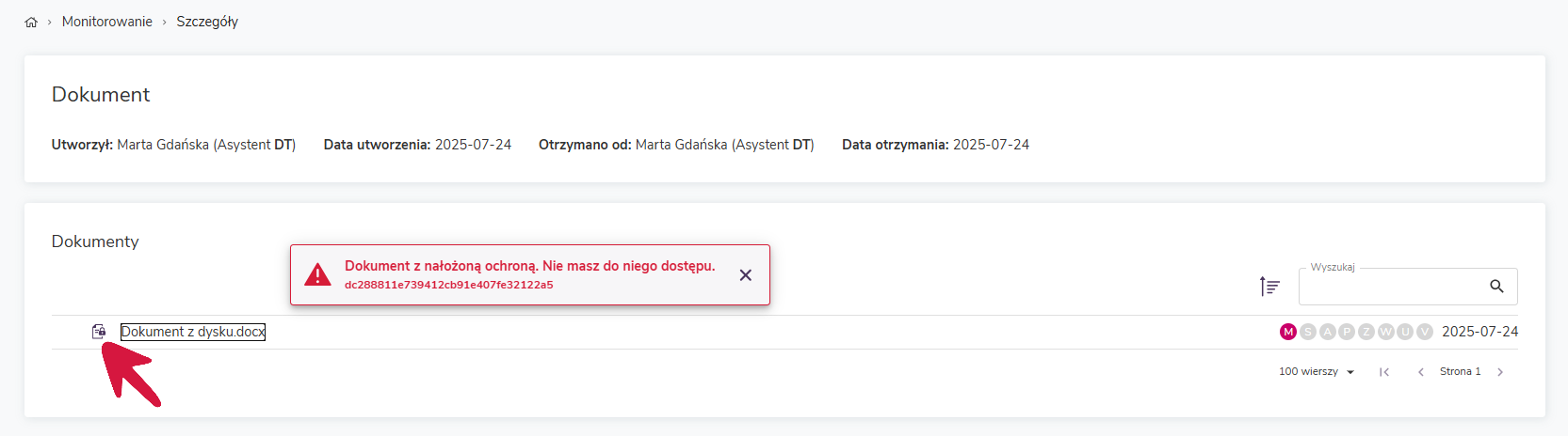 Widok dokumentu z nałożoną ochroną z poziomu modułu Monitorowanie – obok tego typu pliku umieszczona jest ikona z kłódką. 