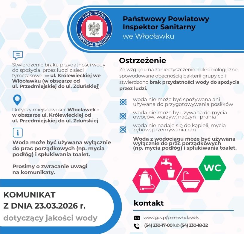 Państwowy Powiatowy Inspektor Sanitarny we Włocławku informuje o stwierdzeniu braku przydatności wody do spożycia przez ludzi z sieci tymczasowej w ul. Królewskiej we Włocławku, w obszarze od ul. Przemysłowej do ul. Zduńskiej. 