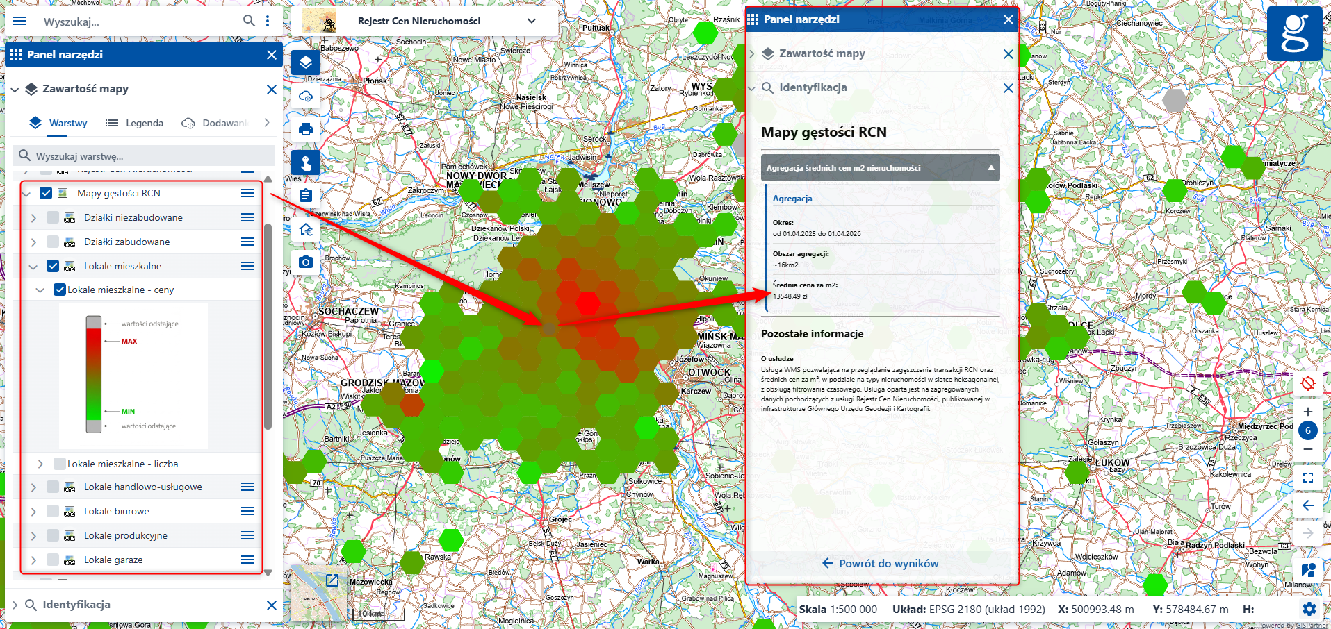 Ilustracja przedstawia zrzut ekranu mapy gęstości RCN prezentującej średnie ceny nieruchomości za m2.