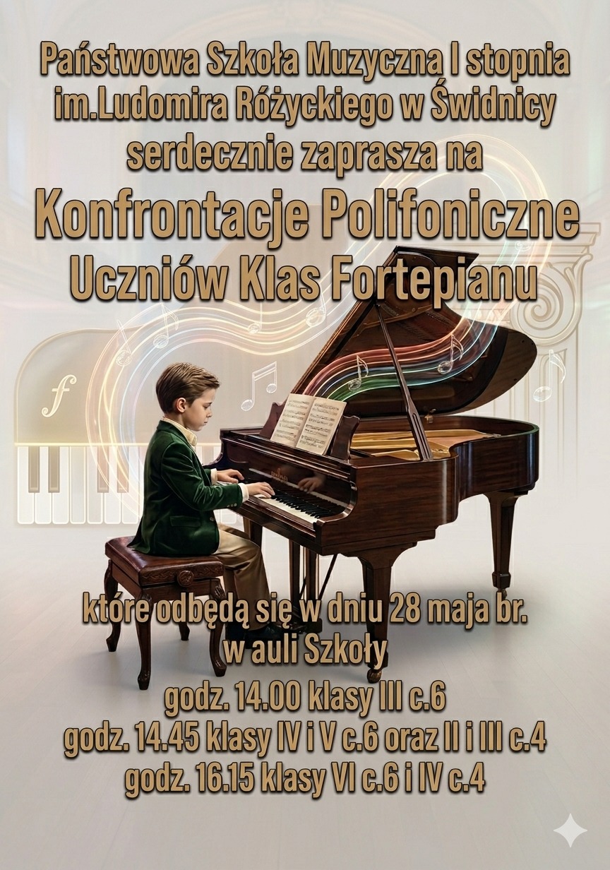 Plakat w kolorze jasno-beżowym. Na środku postać chłopca grającego na fortepianie. Na górze tytuł wydarzenia:" Konfrontacje polifoniczne uczniów klas fortepianu" w kolorze jasnobrązowym. Na dole inforamcje o dacie godzinie i miejscu konfrontacji w kolorze jasnobrązowym.