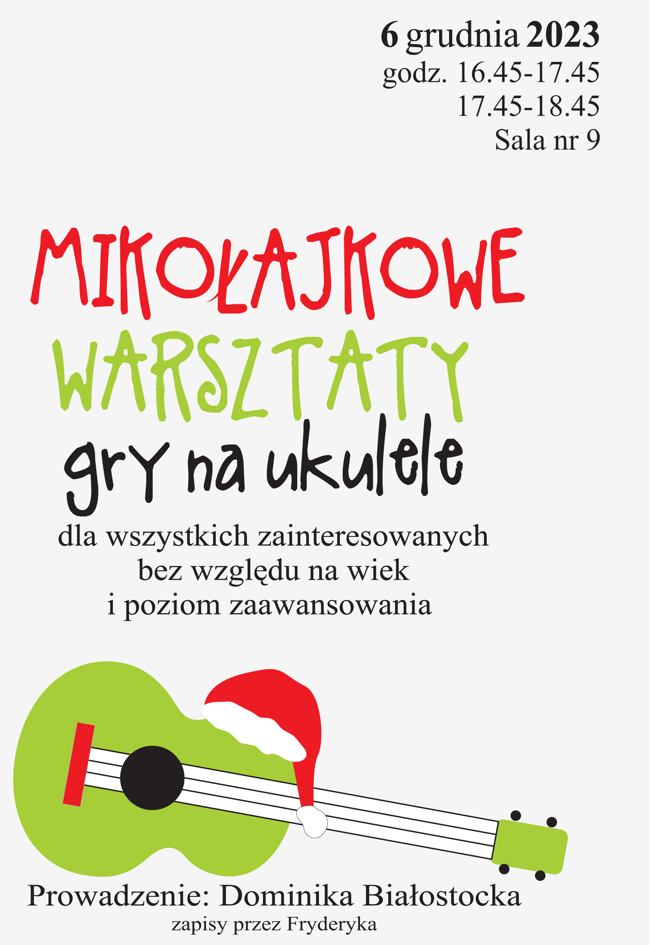 Plakat Mikołajkowe warsztaty ukulele