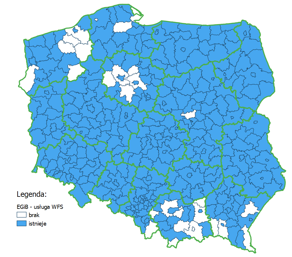 Ilustracja przedstawia mapę Polski z podziałem na powiaty, na której zaznaczone kolorem niebieskim są powiaty umożliwiajace pobieranie pobieranie danych dotyczących geometrii działek i budynków.