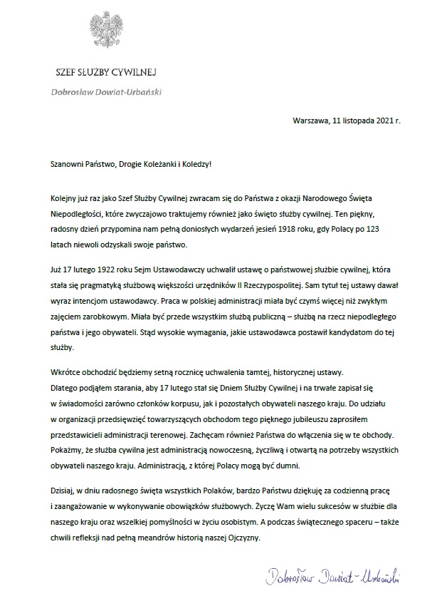 List Szefa Służby Cywilnej z okazji Narodowego Święta Niepodległości