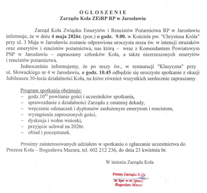 Ogłoszenie Zarządu Koła ZEiRP RP w Jarosławiu
