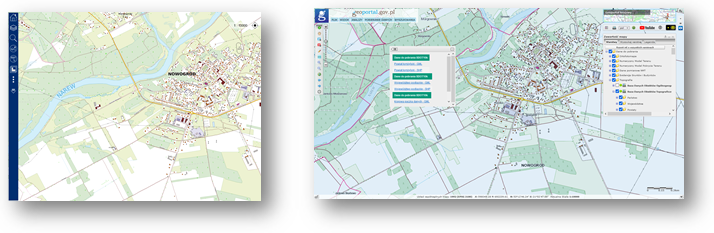 Ilustracja przedstawia zaktualizowany zbiór danych BDOT10k dla fragmentu powiatu łomżyńskiego w Portalu BDOT10k oraz w usłudze Baza Danych Obiektów Topograficznych.