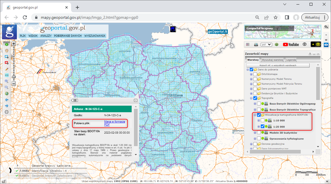 ilustracja przedstawia zrzut z serwisu www.geoportal.gov.pl pokazujący sposób pobierania wizualizacji kartograficznych BDOT10k