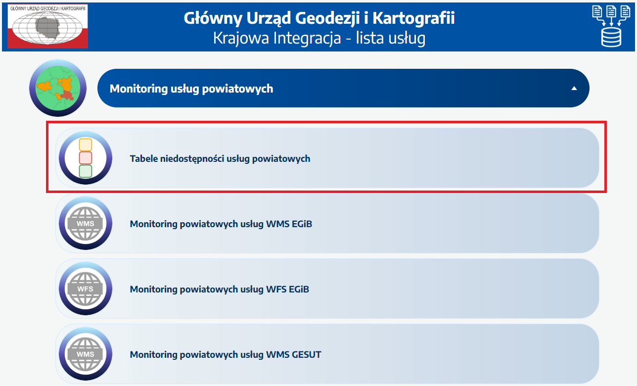Widok listy usług Krajowej Integracji z zaznaczonym odnośnikiem do tabel niedostępności usług powiatowych