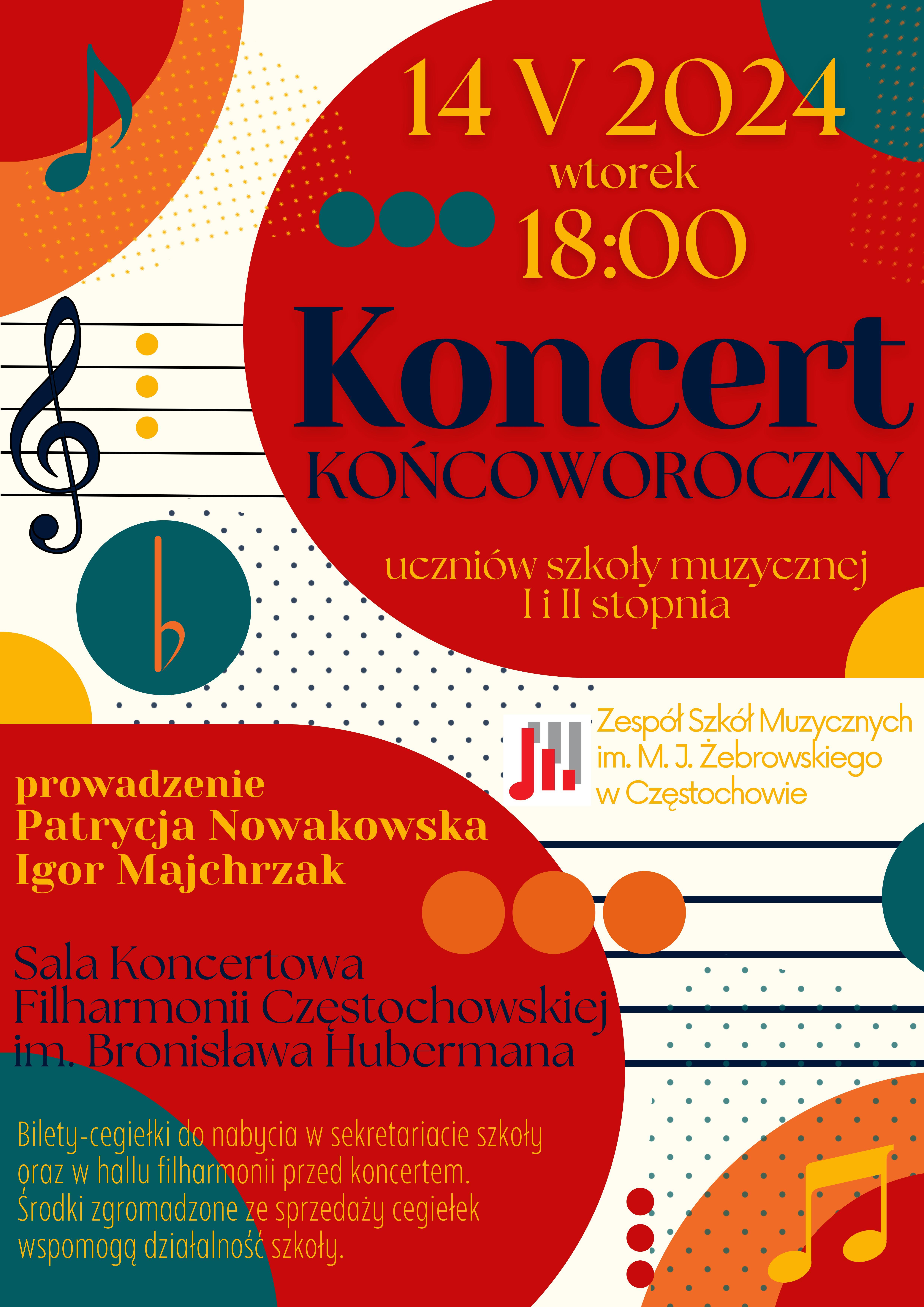 Kolorowe tło, namalowana pięciolinia, klucze, informacje dotyczące koncertu końcoworocznego w filharmonii 14 maja 2024 r.