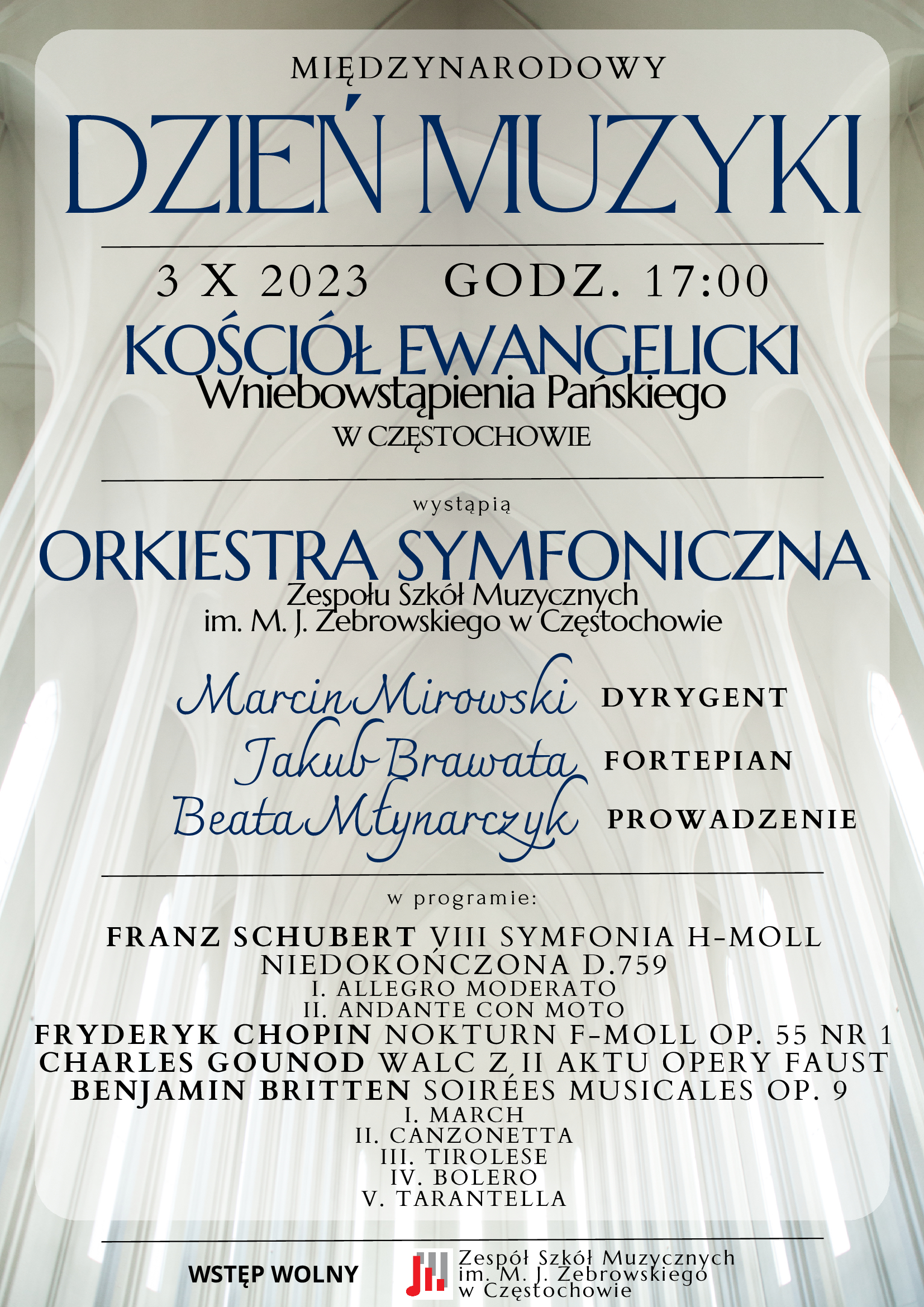 Na tle gotyckiego kościoła program koncertu z wykonawcami. Na dole plakatu logo szkoły