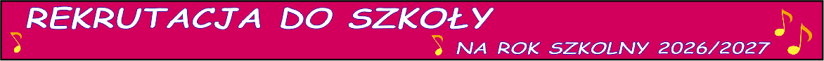 Grafika na różowym tle, na środku biały napis rekrutacja do szkoły na rok szkolny 2026/2027. w tle żółte nutki.