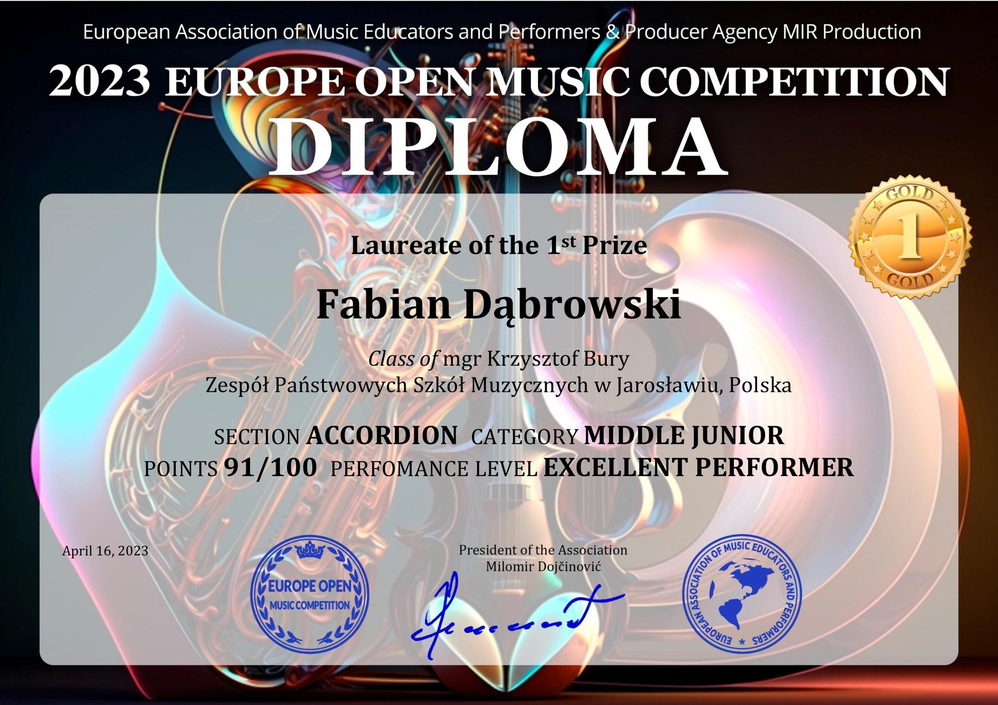yplom 1 miejsce Europe Open Music Competition
